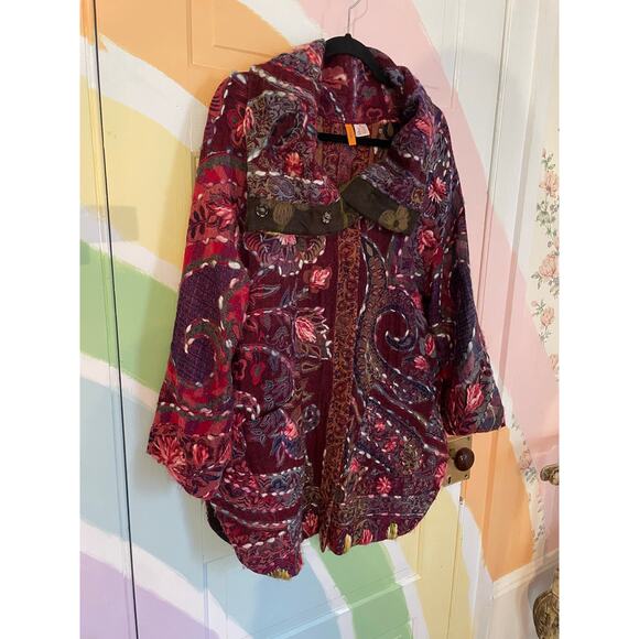 SAINU Wool Embroidered Boho Coat Jacket Burgundy Floral Paisley Size M - Picture 4 of 13